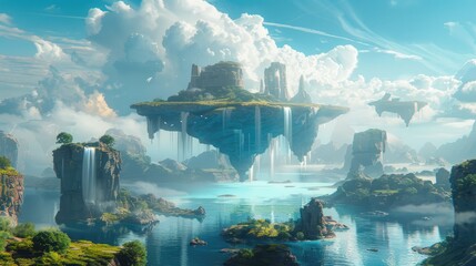 Surreal Dreamscape of Floating Isles Immersed in Ethereal Mists Inviting of the Subconscious Realm