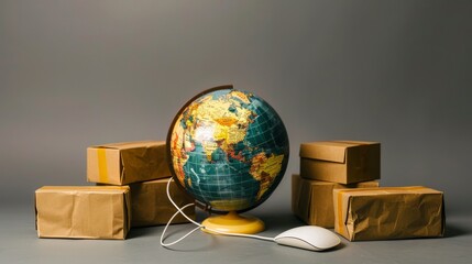 A world globe surrounded by parcel packages and a computer mouse, depicting the expansive reach of online shopping and international delivery.