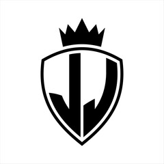 JJ Letter monogram shield and crown outline shape with black and white color design