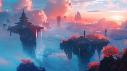 Surreal Dreamscape of Floating Islands and Ethereal Mists in a Captivating Otherworldly Landscape - obrazy, fototapety, plakaty