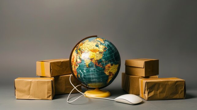 A globe surrounded by parcels and connected to a computer mouse, representing the global reach of e-commerce, online shopping, and international shipping. Ideal for concepts of digital retail.