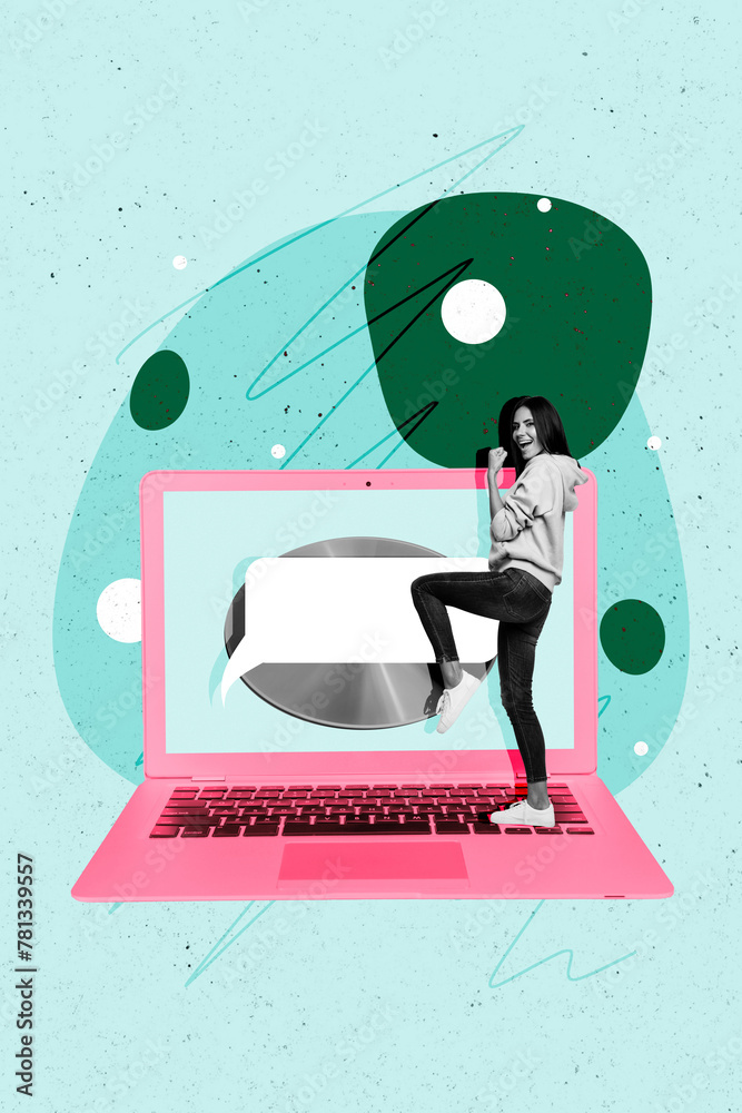 Poster collage artwork image of happy cheerful glad woman receive message notification yes isolated on draw