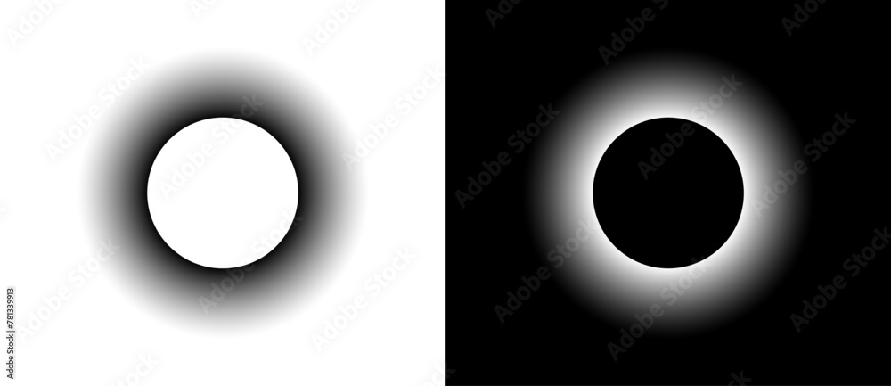 Leinwandbilder Halftone round as icon or background. Abstract vector circle frame with gradient as logo or sun concept. Black shape on a white background and the same white shape on the black side.