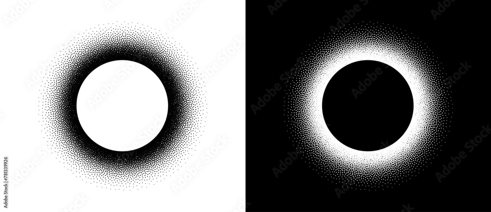 Poster halftone round as icon or background. abstract vector circle frame with dots as logo or sun concept.