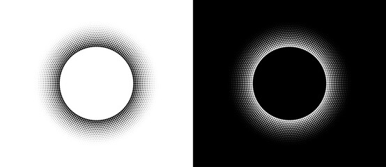 Halftone round as icon or background. Abstract vector circle frame with dots as logo or sun concept. Black shape on a white background and the same white shape on the black side. - 781339929