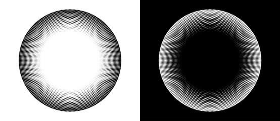 Halftone round as icon or background. Abstract vector circle frame with dots as logo or sun concept. Black shape on a white background and the same white shape on the black side. - 781339939