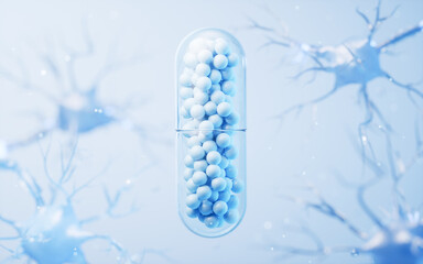 Medical capsule and biology nerve cell background, 3d rendering.