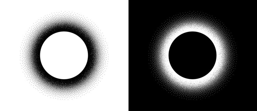 Halftone round as icon or background. Abstract vector circle frame with dots as logo or sun concept. Black shape on a white background and the same white shape on the black side.