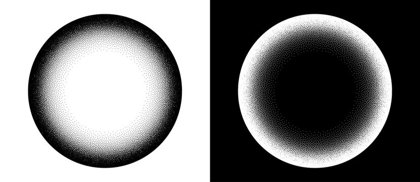 Halftone round as icon or background. Abstract vector circle frame with dots as logo or sun concept. Black shape on a white background and the same white shape on the black side.