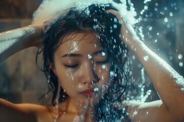 Obraz premium Young Asian woman with closed eyes feeling the serenity of water running over her face during a refreshing shower. Serene Young Woman Enjoying Shower at Home