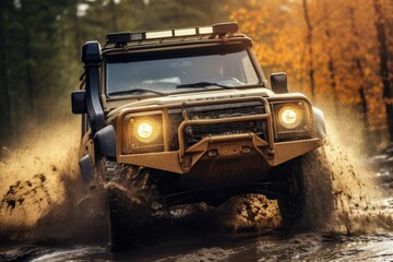 Off-road vehicle driving through a muddy puddle in a forest
