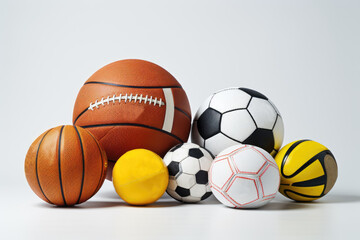Collection of various sports balls on a white background