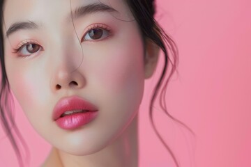 A close-up of a young woman's face highlighting her flawless complexion and striking makeup on a pink background. Close-Up of Young Woman with Flawless Skin - obrazy, fototapety, plakaty
