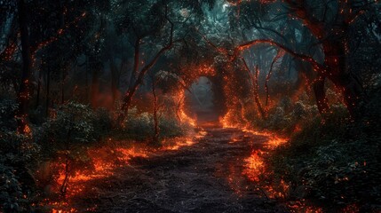 Ember Essence Enchanting Embers Casting a Mystical Glow upon the Mysterious Forest Path
