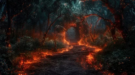 Selbstklebende Fototapeten Ember Essence Enchanting Embers Casting a Mystical Glow upon the Mysterious Forest Path © Sittichok