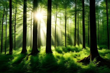 Fototapeta premium Sunlight floods the springtime forest.