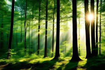 Sunlight floods the springtime forest.