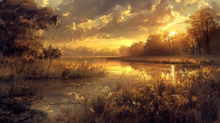 Serene Dusk Landscape with Glowing Golden Reflections on Still Water - obrazy, fototapety, plakaty