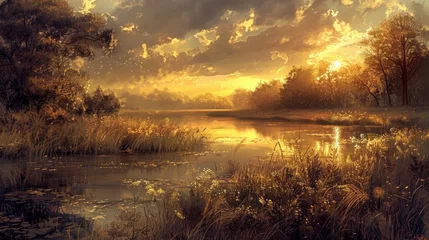 Foto op Canvas Serene Dusk Landscape with Glowing Golden Reflections on Still Water © Sittichok