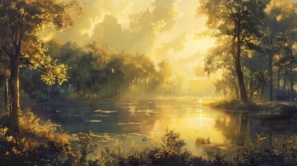 Tranquil Dusk Landscape with Warm Golden Glow and Serene Reflections