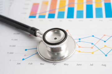 Stethoscope on spreadsheet and graph paper, Finance, Account, Statistics, Investment, Analytic research data economy and Business company concept.