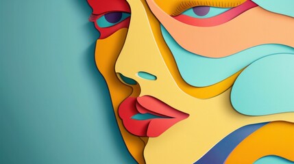 Colorful abstract paper cutout portrait with various shapes and designs of a woman's face