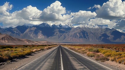 Cinematic road landscape. Humahuaca valley, Altiplano, Argentina. Misty road. - obrazy, fototapety, plakaty