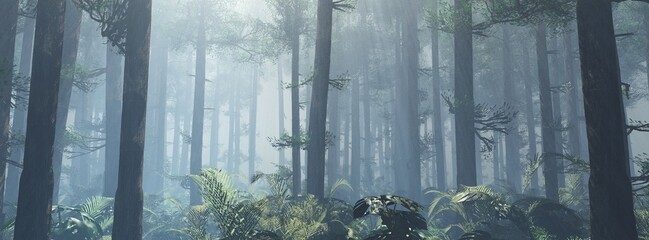 Forest in the morning in a fog in the sun, trees in a haze of light, glowing fog among the trees, 3D rendering - 781341329