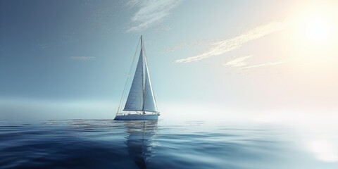 Serene image shows single sailboat on calm, open sea clear sky, reflecting sun's light on water.