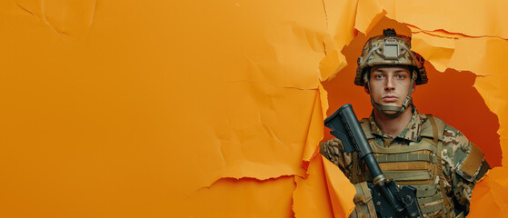 A soldier in full gear stands with a rifle against a bright orange paper background - obrazy, fototapety, plakaty