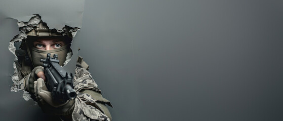 A grim soldier takes aim with a handgun through a ripped gray paper, emblematic of conflict and self-defense