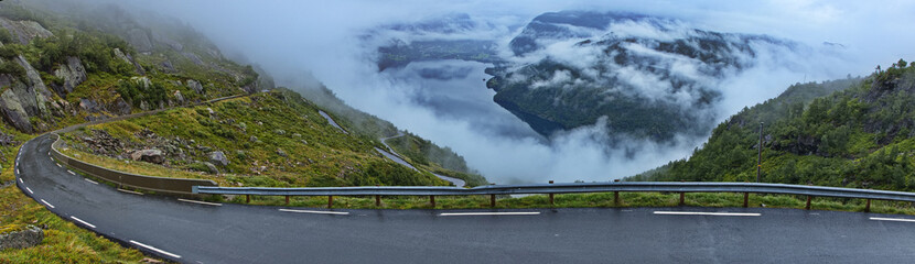 View of the lake Roldalsvatnet from the viewpoint Hyttehaugen on the scenic route Ryfylke in...