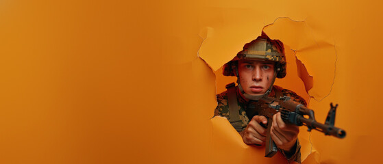 A tactical soldier aims a rifle through a jagged hole in vivid orange paper - obrazy, fototapety, plakaty