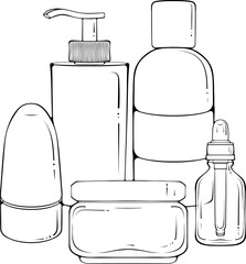 Cosmetic bottles set for beauty and cleanser, skin and body care. Still life with beauty products. Vector illustration in hand drawn sketch doodle style isolated on white. Flat design for print