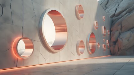 mur design avec des ouvertures circulaire, généré par IA - obrazy, fototapety, plakaty