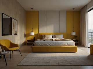 Radiant Simplicity, Minimalist Bedroom Adorned in Sunny Yellow Tones