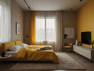 Radiant Simplicity, Minimalist Bedroom Adorned in Sunny Yellow Tones