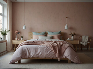Fototapeta na wymiar Serenity in Simplicity, Minimalist Bedroom in Pastel Tones