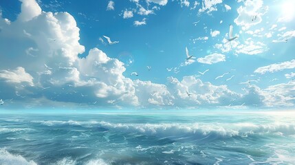 Tranquil Azure Seascape with Drifting Clouds and Soaring Seabirds Offering a Serene Escape for the Weary Traveler