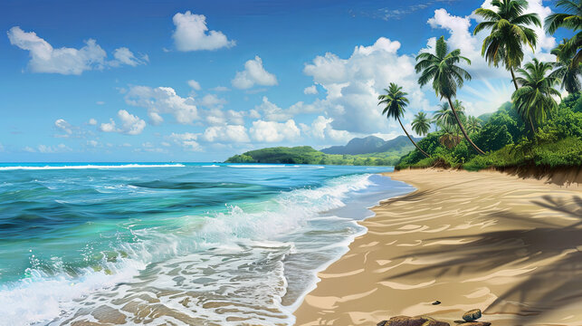 A beachgoer admires a photorealistic image on a white background. The serene scene is filled with sand, water, and palm trees.