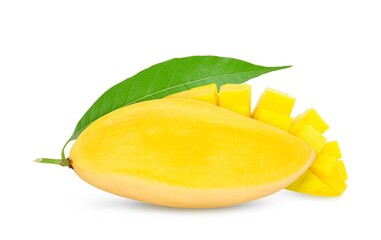 Mango fruits with slices and leaves isolated on white background.