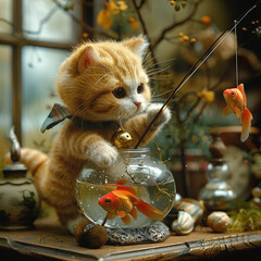 Cute ginger tabby kitten fishing a goldfish from a fish bowl at home