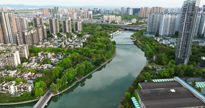 aerial view of Chengdu City urban landscape by the river