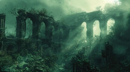Mysterious Shrouded Ruin in Enchanted Misty Landscape with Lurking Otherworldly Creatures - obrazy, fototapety, plakaty