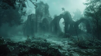 Enigmatic Ruins Shrouded in Mist and Shadow Inviting Adventurous Travelers to Unravel Its Secrets - obrazy, fototapety, plakaty