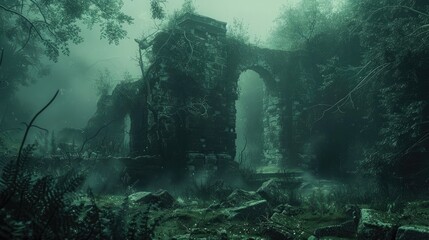 Mysterious Ruins Shrouded in Mist and Shadows Revealing Otherworldly Creatures and Inviting Adventurous