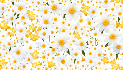 gleichmäßiges Muster helle Blumen Blüten weiß gelb Kamille Margariten, weißer Hintergrund Vorlage für Gestaltung von Geschenk Papier, Wänden, Produkten, Verpackungen zum Frühling frisch Sommer floral  - obrazy, fototapety, plakaty