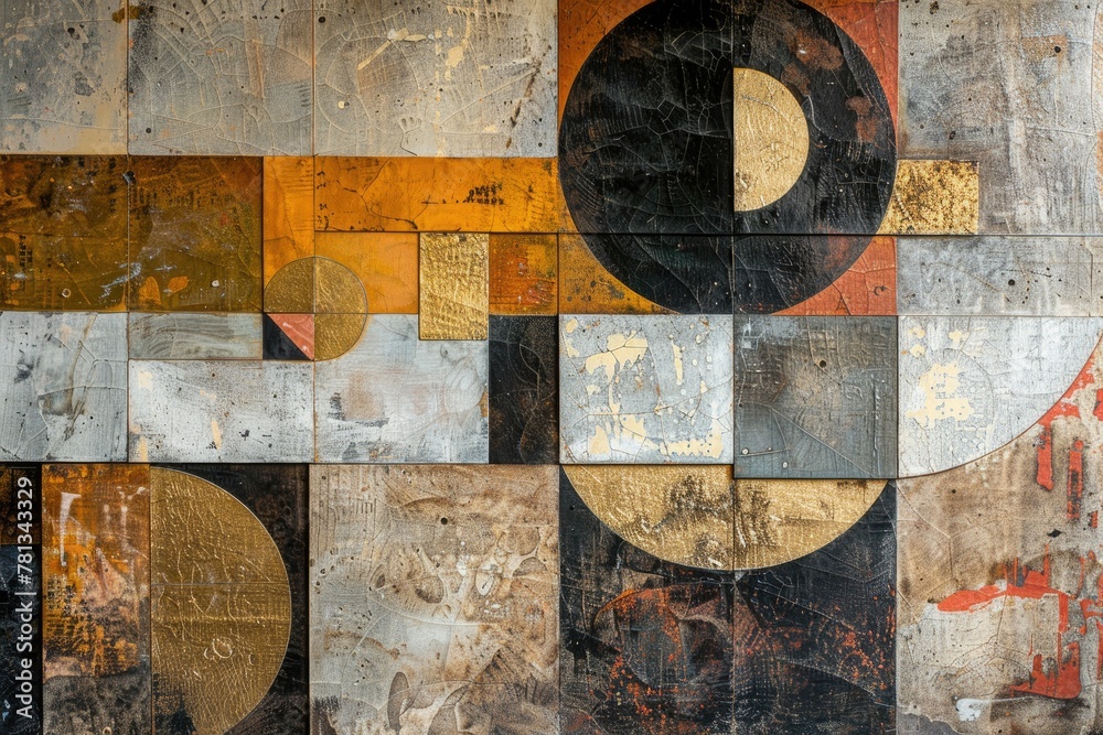 Poster This mural showcases an abstract geometric design with bold colors and textured surfaces, evoking different feelings