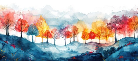 Fototapeta na wymiar Colorful watercolor autumn forest scene