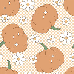 Retro groovy farm veggies orange pumpkin with daisy flowers on checkerboard vector seamless pattern. Hand drawn natural organic healthy food vegetables fruit floral background.
